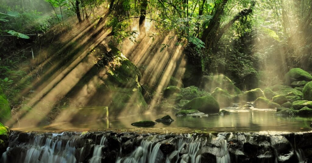 Tranquil waterfall in a lush forest with sunbeams streaming through the trees, creating a peaceful scene.